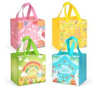 4 bolsas de caza de huevos de Pascua de varios tamaños, bolsas de regalo con estampado metálico de conejo, zanahoria, huevo de pollito, bolsas con asas, bolsas no tejidas para envolver regalos