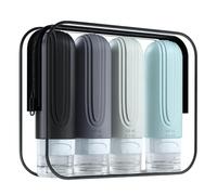 4 Botes para gel y champu con neceser, botes viaje rellenables 100ml, neceser viaje avion y botes champu viaje de silicona prueba de fugas, Envases Viaje para Champú, Loción, Cosméticos