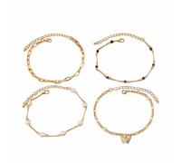 4 cadenas de tobillo con lazo, decoradas con perlas y cristales negros, longitud de cadena ajustable de 23 a 28 cm
