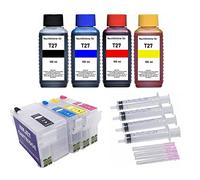 4 cartuchos de tinta recargables compatibles con Epson T2711, T2712, T2713, T2714 / T27 XL + 4 x 100 ml de tinta de recarga de tinta negra, cian, magenta, amarillo