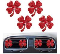 4 clips de ventilación de coche con diseño de trébol de cuatro hojas de la suerte, salida de aire acondicionado, difusor de ambientador, accesorio de decoración interior del coche para mujer (rojo)
