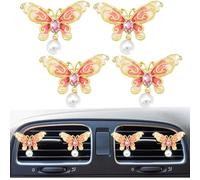 4 clips de ventilación de coche con perlas y mariposas, con diamantes de imitación de cristal, difusor de ambientador, accesorio de decoración interior de coche para mujer (rojo)
