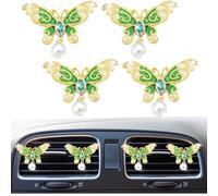 4 clips de ventilación de coche con perlas y mariposas, con diamantes de imitación de cristal, difusor de ambientador, accesorio de decoración interior de coche para mujer (verde)