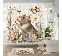 4 cortinas de ducha con diseño de rata, ratón, primavera, 72 x 72 pulgadas, con ganchos, juego de accesorios de baño con alfombrilla de baño, cubierta de tapa de inodoro en forma de U, decoración