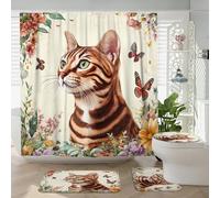 4 cortinas de ducha de gatos de Bengala de primavera de 72 x 72 pulgadas con ganchos, juegos de accesorios de baño con alfombrilla de baño, cubierta de tapa de inodoro en forma de U, decoración floral
