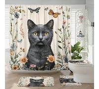 4 cortinas de ducha de gatos rusos azules de primavera de 72 x 72 pulgadas con ganchos, juegos de accesorios de baño con alfombrilla de baño, cubierta de tapa de inodoro en forma de U, decoración