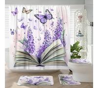 4 cortinas de ducha de glicina de primavera de 72 x 72 pulgadas con ganchos, juegos de accesorios de baño con alfombrilla de baño, tapete para tapa de inodoro en forma de U, libros divertidos, flores