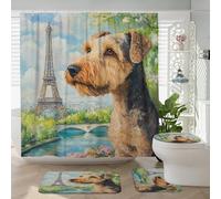 4 cortinas de ducha de perro Airedale Terrier de primavera de 72 x 72 pulgadas con ganchos, juegos de accesorios de baño con alfombrilla de baño, cubierta de tapa de inodoro en forma de U, decoración