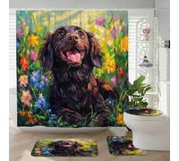 4 cortinas de ducha de perro Boykin Spaniel de primavera de 72 x 72 pulgadas con ganchos, juegos de accesorios de baño con alfombrilla de baño, cubierta de tapa de inodoro en forma de U, decoración de