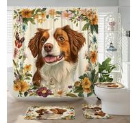 4 cortinas de ducha de perro Brittany de primavera de 72 x 72 pulgadas con ganchos, juegos de accesorios de baño con alfombrilla de baño, cubierta de tapa de inodoro en forma de U, decoración floral