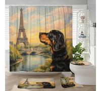 4 cortinas de ducha de perro Spring Coonhound de 72 x 72 pulgadas con ganchos, juegos de accesorios de baño con alfombrilla de baño, cubierta de tapa de inodoro en forma de U, decoración romántica de