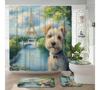 4 cortinas de ducha de perro Spring Lakeland Terrier de 72 x 72 pulgadas con ganchos, juegos de accesorios de baño con alfombrilla de baño, cubierta de tapa de inodoro en forma de U, decoración