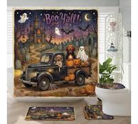 4 cortinas de ducha divertidas de Halloween con diseño de perro Rhodesian Ridgeback de 72 x 72 pulgadas con ganchos, juegos de accesorios de baño con alfombrilla de baño, en forma de U y cubierta de