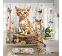 4 cortinas de ducha Spring Devon Rexs Cats de 72 x 72 pulgadas con ganchos, juegos de accesorios de baño con alfombrilla de baño, cubierta de tapa de inodoro en forma de U, decoración floral de