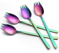 4 cucharas de tenedor coloridas, 19 cm de largo, tenedor de ensalada de acero inoxidable, 2 en 1, cuchara de sopa, tenedor de ensalada, tenedor de pasta, cuchara multifunción para postre