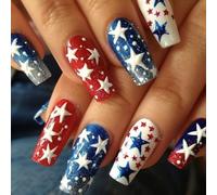 4 de julio, pegamento en las uñas, ataúd largo, falso, día de la independencia, punta francesa, a presión, acrílico artificial, día de la independencia, punta francesa a presión