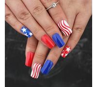4 De Julio Presione Sobre Uñas Square Tip False Independence False With America Flags Star Stick En Glues En La Uña