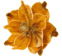 4 decoraciones florales navideñas con purpurina dorada para árboles de Navidad y coronas, con material de tela y base de alambre flexible (amarillo)