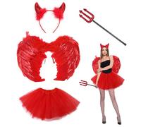 4 disfraz de diablo para mujer y hombre, 40 cm, alas de ángel rojas, con tutú, falda de cuernos de diablo, varita mágica, ángel de diablo, accesorios para Halloween, carnaval, cosplay, fiesta