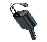 4 en 1 encendedor de cigarrillos USB C, 66 W, adaptador de cargador de coche con cable retráctil tipo C / USB C/USB A, indicador de voltaje, accesorios para el coche para iPhone 16/15/14/13, Samsung