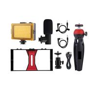 4 en 1 Vlogging Live Broadcast Smartphone Video Rig +104 LED Studio Light &Micrófono+Soporte de trípode+Cabezal de trípode con Zapata fría(Rot)