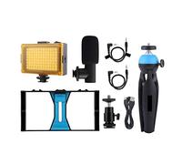 4 en 1 Vlogging Live Broadcast Smartphone Video Rig +104 LED Studio Light &Micrófono+Soporte de trípode+Cabezal de trípode con Zapata fría(Blauw)