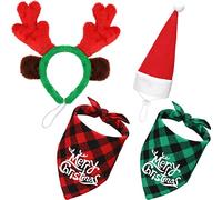 4 Gorros de Perro de Papá Noel de Navidad 3D Ajustable, Pañuelo Triángulo de Mascotas a Cuadros de Búfalo Clásico de Navidad, Diadema de Cuernos de Reno Navideño con Orejas Accesorios Disfraz