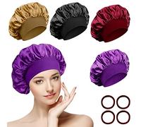 4 Gorros de Satén Ajustables para Pelo Rizado, Gorra de Noche para Dormir con 4 Gomas de Pelo, Reutilizable con Banda Ancha Elástica para Mujeres y Niñas