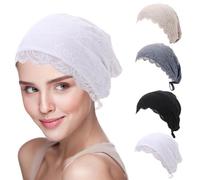 4 gorros interiores de encaje para mujer para hiyab musulmán islámico, color sólido, cubierta completa, de algodón, elástica, con cierre de lazo en la espalda, debajo de la bufanda, sombrero, gorro,