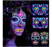 4 hojas de tatuajes de Halloween para cara luminosa Dia de los Muertos tatuaje facial disfraz hombre mujer maquillaje accesorios que brillan en el día oscuro de los muertos esqueleto tatuajes
