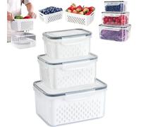 4-in-1 Food Storage Container with Removable Colander and Lid, Large Produce Keeper for Refrigerator, Plastic Drain Basket Organizer for Vegetables, Berries and Salad (Transparent,Three-piece set)