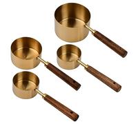 4 Juego de Tazas Medidoras y Cucharas Medidoras de Cobre Acero Inoxidable, Cuchara de Medición con Mango de Madera Medidas Grabadas para Ingredientes Secos y Líquidos, Cocinar, Hornear (Acacia)