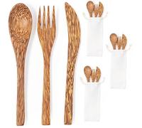 4 juegos de cubiertos de tres piezas de coco en bolsa de algodón con cuchara, cuchillo, tenedor, juego de cubiertos de madera sostenible, respetuoso con el medio ambiente y reutilizable