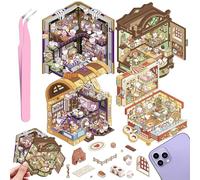 4 Juegos DIY 3D Pegatinas Casa, DIY Sticker Scene Divertidas, Cafetería, Supermercado, Restaurante, Pegatinas 3D Escenas Lindo Cartoon Kit con 1 Pinzas