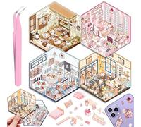 4 Juegos DIY 3D Pegatinas Casa, DIY Sticker Scene Divertidas, Cafetería, Supermercado, Restaurante, Pegatinas 3D Escenas Lindo Cartoon Kit con 1 Pinzas