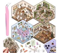 4 Juegos DIY 3D Pegatinas Casa, DIY Sticker Scene Divertidas, Cafetería, Supermercado, Restaurante, Pegatinas 3D Escenas Lindo Cartoon Kit con 1 Pinzas