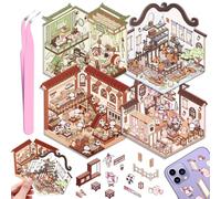 4 Juegos DIY 3D Pegatinas Casa, DIY Sticker Scene Divertidas, Cafetería, Supermercado, Restaurante, Pegatinas 3D Escenas Lindo Cartoon Kit con 1 Pinzas