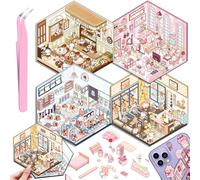 4 Juegos DIY 3D Pegatinas Casa, DIY Sticker Scene Divertidas, Cafetería, Supermercado, Restaurante, Pegatinas 3D Escenas Lindo Cartoon Kit con 1 Pinzas