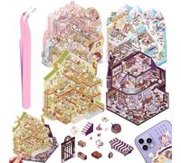 4 Juegos DIY 3D Pegatinas Casa, DIY Sticker Scene Divertidas, Cafetería, Supermercado, Restaurante, Pegatinas 3D Escenas Lindo Cartoon Kit con 1 Pinzas