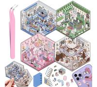 4 Juegos DIY 3D Pegatinas Casa, DIY Sticker Scene Divertidas, Cafetería, Supermercado, Restaurante, Pegatinas 3D Escenas Lindo Cartoon Kit con 1 Pinzas