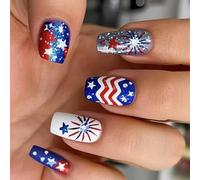 4 Julio Square French Tip Fake Independence False con America Flags Star Stick en Full Cover Fake