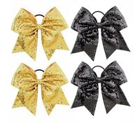 4 lazos de animación de 6.7 pulgadas, lazo dorado y negro con purpurina, lazos elásticos para el pelo para animadoras deportivas, uniforme de equipo de animadoras