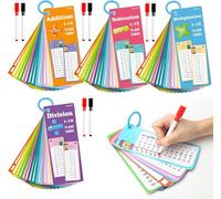 4 libros de matemáticas educativas para niños con 8 bolígrafos borrables - Tarjetas de cálculo reutilizables para aprender adición, resta, multiplicación división, tarjetas de ejercicios con tabla de