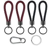 4 llaveros de piel trenzada para coche con 1 mosquetón, pequeño, unisex, para coche, moto y casa (negro, rojo), Negro y rojo., Basic