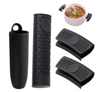 4 Maniques en Silicone Anti-Chaleur, Set Complet avec Poignée à Points + Nid d'Abeille + 2 Pinces pour Poêle, Noir, Résistant -40°C à 240°C, Lavable au Lave-Vaisselle