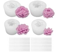 4 moldes de silicona de flores, molde para hacer jabón, moldes de silicona para velas, moldes de velas de flores, molde de silicona para velas, con 20 mechas de vela de 6 cm para manualidades,