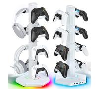 4 Niveles Soporte para Auriculares y Mando con RGB, Suporte para Cascos con 2 Puertos USB y Type-C, Universal Soporte para Mando con Función de Organización de Cables, Accesorios para Juegos,Blanco