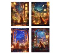 4 Pack Diamond Painting ChatDiamant Painting Enfant Lune Tableau Perle Diamant, DIY 5D Strass Gemmes Mosaïque Broderie Diamant Kit Complet Point de Croix, Décoration Salon Murale Femme 55x70cm z68f