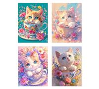 4 Pack Diamond Painting ChatDiamant Painting Enfant Tasse À Thé Tableau Perle Diamant, DIY 5D Strass Gemmes Mosaïque Broderie Diamant Kit Complet Point de Croix, Décoration Murale Femme 35x50cm z62f