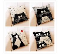4 Pack Funda de Almohada Fundas Cojines Decorativos Algodón Lino Cuadrado Doble Cara con Cremallera Invisible Fundas de Cojín Decorativa para Sala Estar Sofá Cama Coche Gato Blanco Y Negro 65x65cm